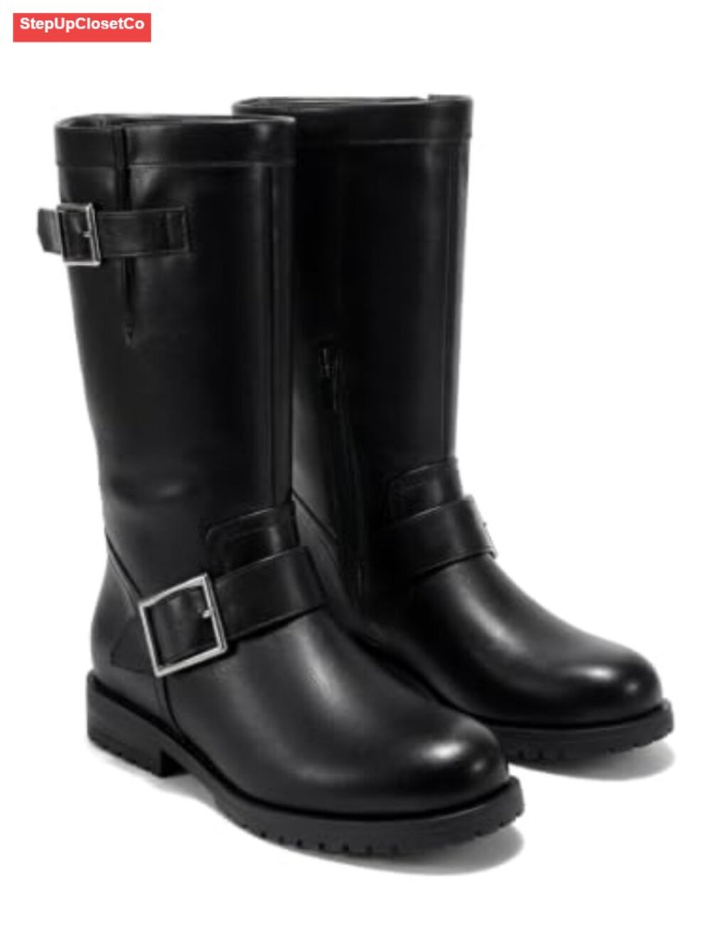 Coutgo Women's Mid Calf Combat Boots - Low Heel Zipper Moto Biker Shoes